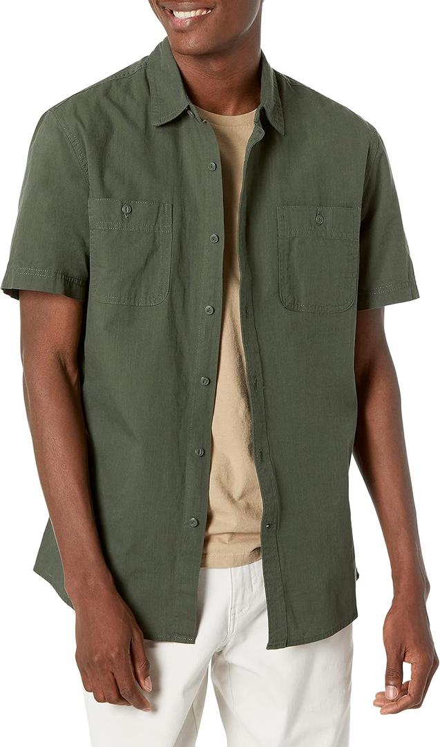 Amazon Essentials Men's Regular-Fit Short-Sleeve Button-Down Chambray Shirt (XX-Large, Olive)