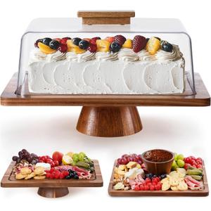 HBlife Cake Stand with Lid (16.5"), Multifunctional Cake Stand with Acrylic Dome Rectangular Acacia Wood 2-in-1 Cake Plate Display Stand with Cover for Baking Gifts, Birthday Kitchen Parties, Weddings