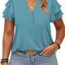 Plus Size Button Down Shirts for Women Cute Tops Casual V Neck Blouses Loose Fit Ruffle Short Sleeve Tunics 4X Navy Blue