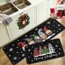 Christmas Gnomes Black Kitchen Rugs and Mats Set of 2, Winter Holiday Party Low-Profile Floor Mat Decorations for Home Kitchen 17"x47"+17"x30"