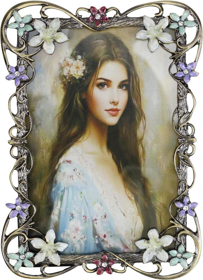 Vintage Photo Frame 4x6, Metal photo frame with European Floral Ornate Enamel Flower & Bronze Metal Design with HD Glass for Wedding Valentine's/Mother's Day Gifts