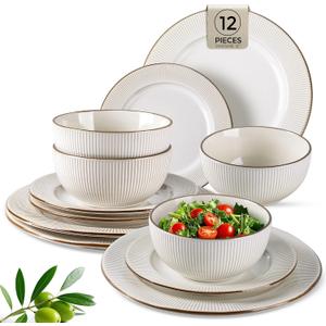 GBHOME Ceramic Dinnerware Sets,12 pcs Embossed Elegant Stoneware Plates and Bowls Sets, Housewarming Wedding Gift | Dishwasher & Microwave Safe | Dishes Set Service for 4