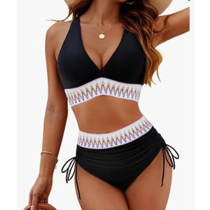 Blooming Jelly Women High Waisted Bikini Sets Tummy Control Swimsuits Color Block Two Piece Drawstring Bathing Suit,XL