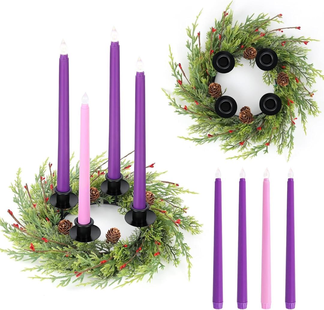 5 Pieces Christmas Advent Wreath with Candles Holder Wreath Decor Christmas Advent Candles X-Mas Candles for Home Fireplace Church Centerpiece Table Home School Advent Fireplace Decor (Classics-1)