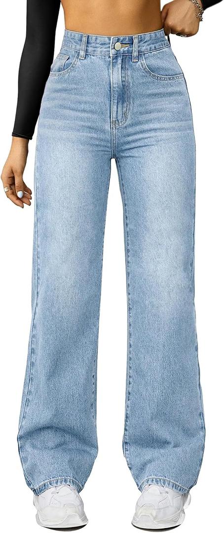 FUNUCA Straight Leg Jeans for Women, High Waisted Wide Leg Loose Microelastic Boyfriend Denim Pants A-Blue, M