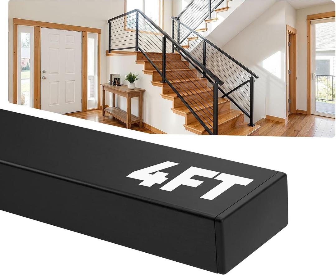 4FT Stainless Steel Black Handrail for Cable Railing System, Rectangular Flat Top Rail with End Caps, Cuttable Deck & Stair Handrail for Indoor Outdoor DIY Balustrade HT07-1 Pack