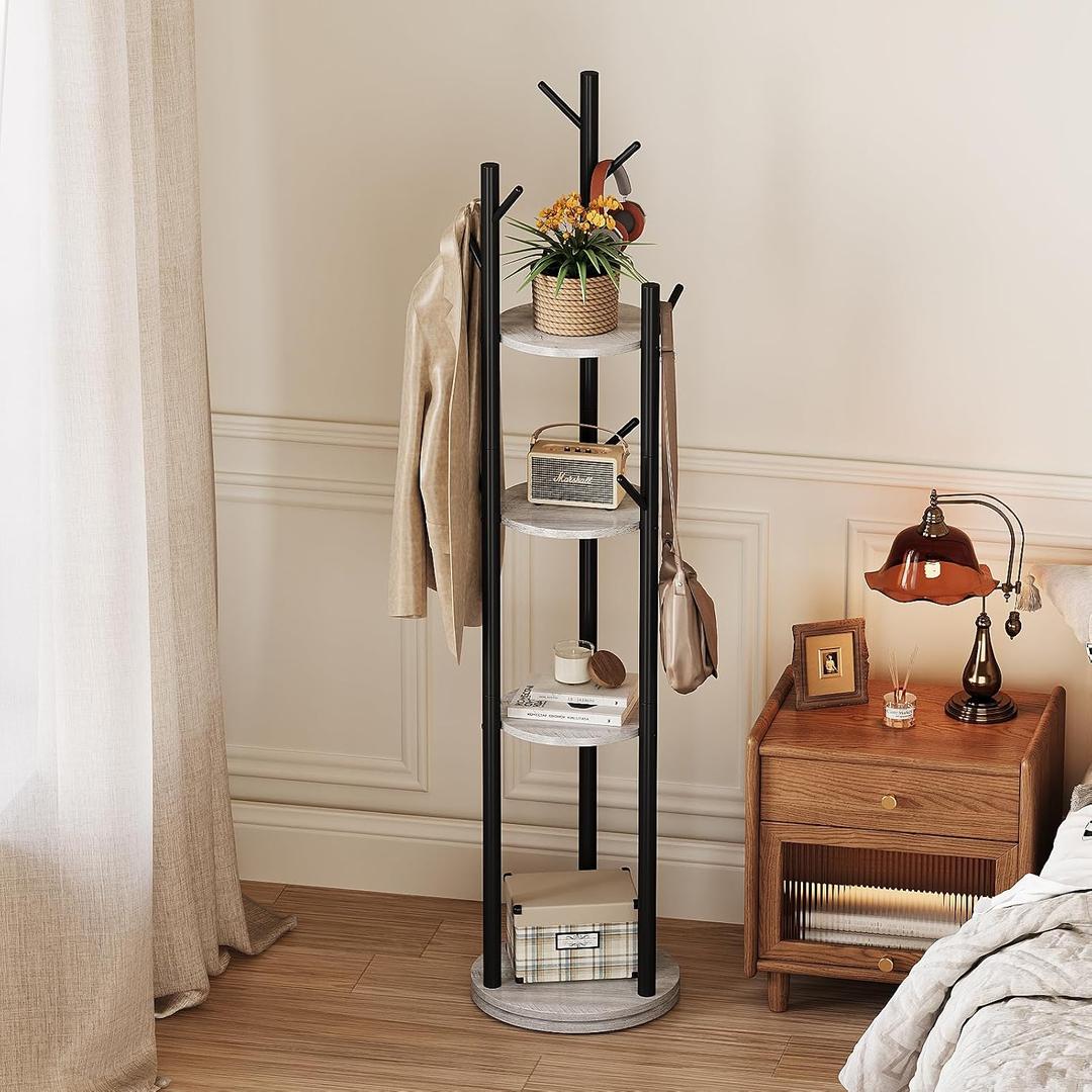 Espelism Rotary Coat Rack Freestanding Metal Coat Hall Tree Stand with 4 Tiers Storage Display Shelf and 9 Hooks for Entryway Bedroom Corner Office Garment Clothes Holder (Grey)