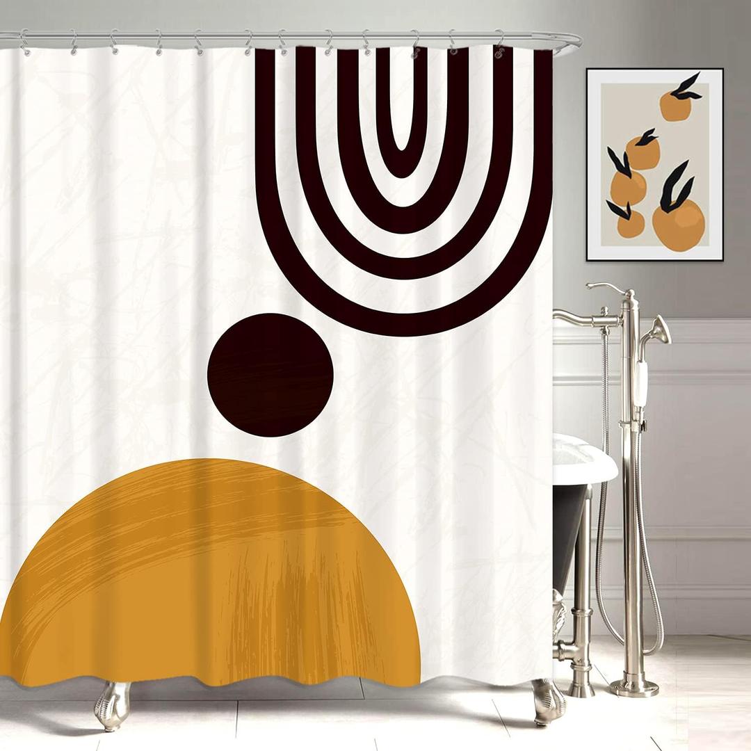KOMLLEX Cute Mid Century Shower Curtain Set for Bathroom Fabric Abstract Sun Minimalistic Curve Bathtub Curtains Men Kids Aesthetic Modern Geometric Bath Accessories 12 Pack Hooks 72Wx78H Inch