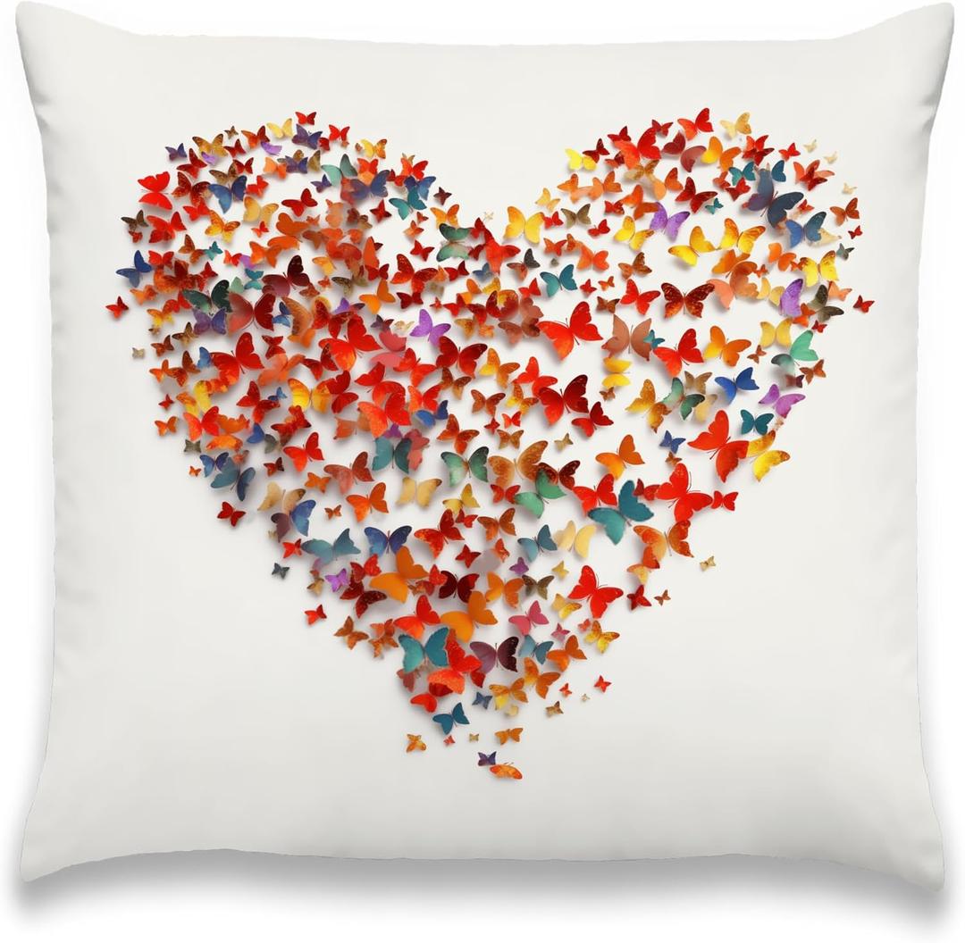 Colorful and White Aesthetic Decorative Throw Pillow Covers, Vibrant Heart Made of Butterflies Pattern Pillow Cases, Cute Trendy Nature Art Decor for Teen Girls Bedroom Dorm 18x18"