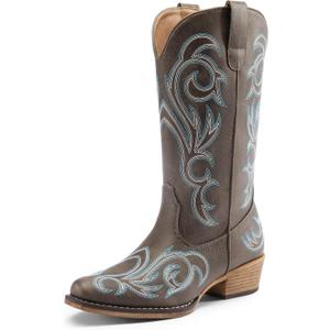DREAM PAIRS Women's Cowboy Boots Mid Calf Cowgirl Boots Square Toe Chunky Heel Embroidery Stitched Western Boots, Size 7.5,Brown