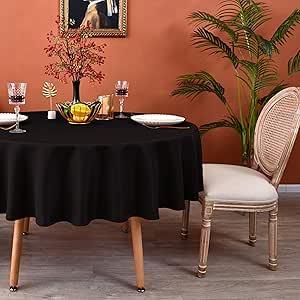 MEANMOY Black 210 GSM Water & Stain Resistant Round Tablecloth for Circle Table - Solid 60 Inch Table Cloth Cover in Wrinkle Free Durable Washable Polyester Fabric for Wedding, Party, Banquet