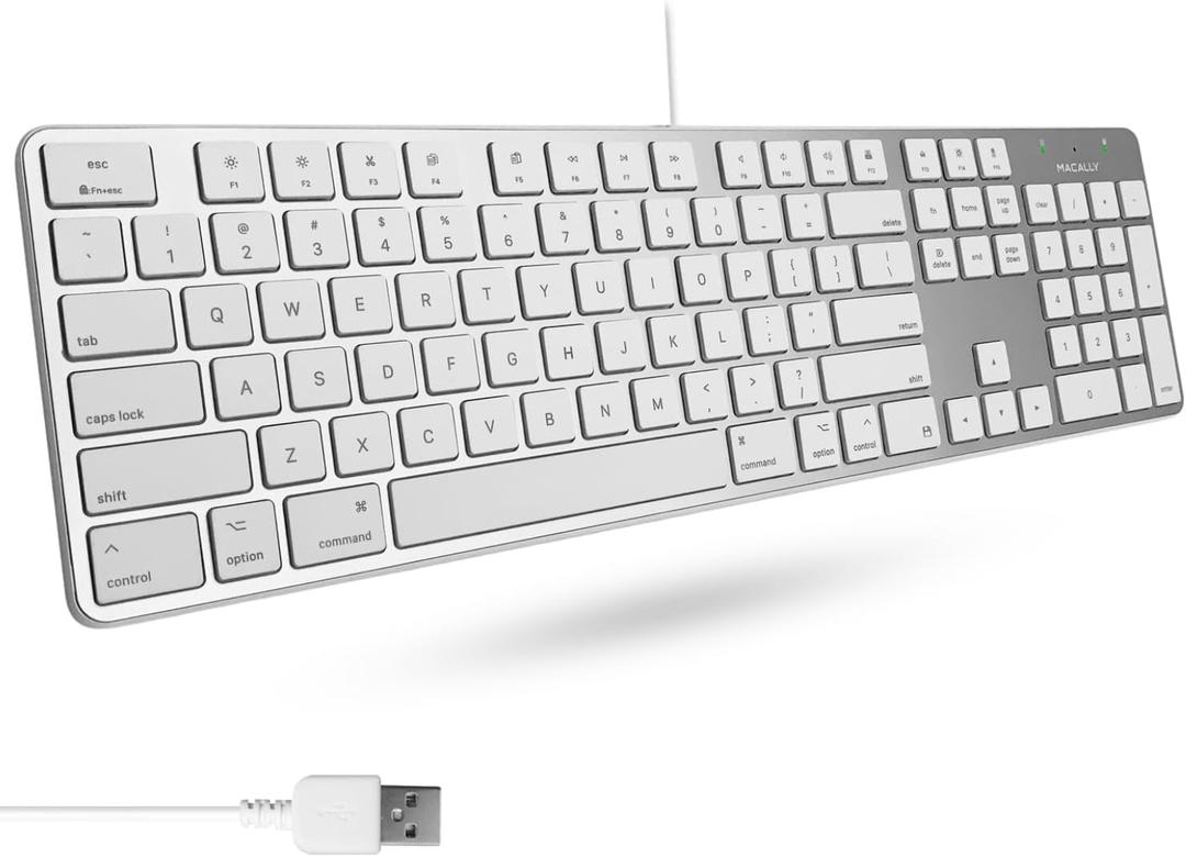 Macally Ultra-Slim USB Wired Keyboard with Number Keypad for Apple Mac Pro, MacBook Pro/Air, iMac, Mac Mini, Laptop Computers, Windows Desktop PC Laptops, Silver (SLIMKEYPROA) (Silver Aluminum)