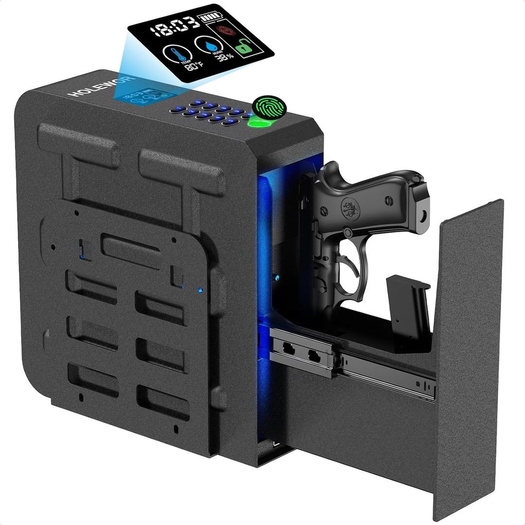HOLEWOR Gun Safe, Slider Biometric Pistol Safe Fingerprint Bedside Gun Lock Box, 3 Ways Quick Access Mounted Handgun Case for Nightstand, Bed, Desk, Wall, Dresser (Biometric With Display)