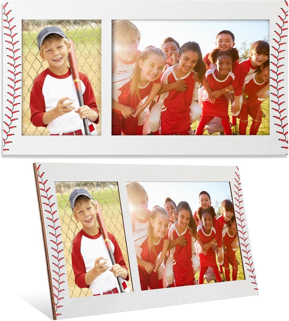 Yuntau 2 Pcs Double Opening Baseball Picture Frame for 3"x5" and 7"x5" Photos Display Wood Baseball Photo Frames Sports Decor Gifts for Team Player Coach Home Tabletop Display