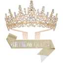 Birthday Tiara Crown with Sash for Women, Headband Hair Accessories for Wedding Party Costume Gold