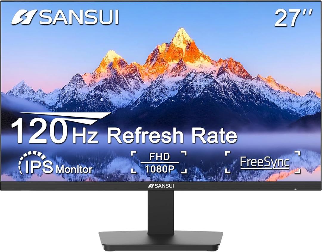 SANSUI 27 Inch Monitor, IPS 120Hz Computer Monitor Full HD 1920 x 1080P with HDMI DP Interfaces, Eye Care, Frameless, 100 x 100mm VESA Mountable (HDMI Cable Included)