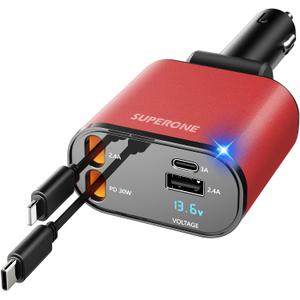 SUPERONE 【Upgraded】 Retractable Car Charger 4 in 1, Fast Car Phone Charger with Cord 2.6ft, USB C and Apple Car Charger Adapter, Compatible with iPhone 17/16/15/15 Pro Max/14/13/12/11, Galaxy, Pixel