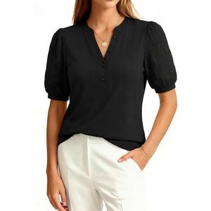 Uhiger Black Blouses for Women Henley V Neck Embroidered Eyelet Puff Sleeve Female Plus Size Summer Outfits (XXL)
