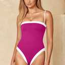 LASLULU Womens Sexy One Piece Swimsuit Strapless Padded Square Neck Bandeau Bathing Suits with Adjustable Spaghetti Straps (Pink, L)