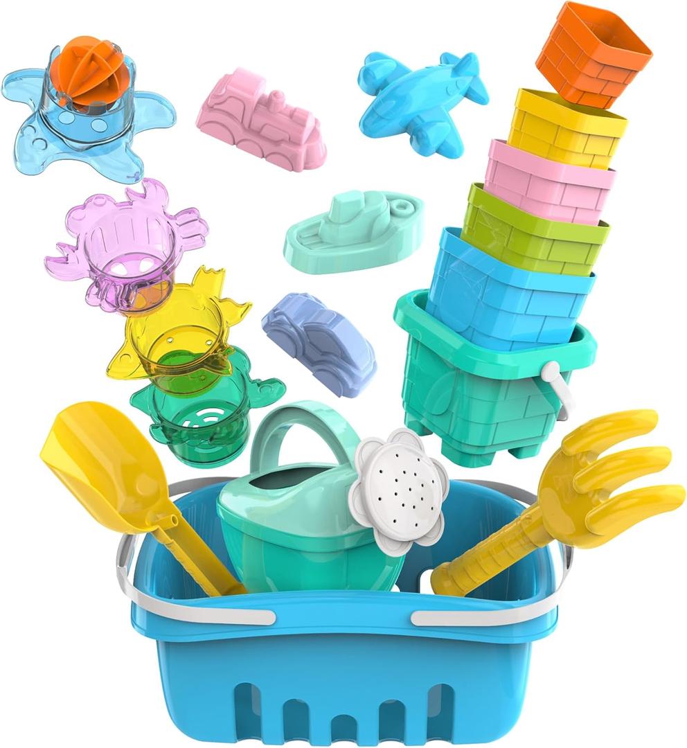 Splash & Sand Adventure Set  Beach Toys for Toddlers with 18 Pcs Stacking Cups, Watering Can, Bucket, Shovels, Rake, Toy Car Sand Moulds & Storage Basket, Summer Toys for Kids Ages 1+
