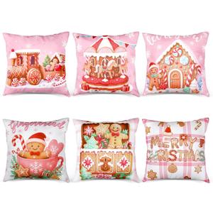 6 Pcs Pink Christmas Gingerbread Throw Pillow Covers 18 x 18 Inch Gingerbread House Truck Hot Cocoa Pink Christmas Decorative Pillow Cases for Xmas Sofa Couch Decor(Novel)