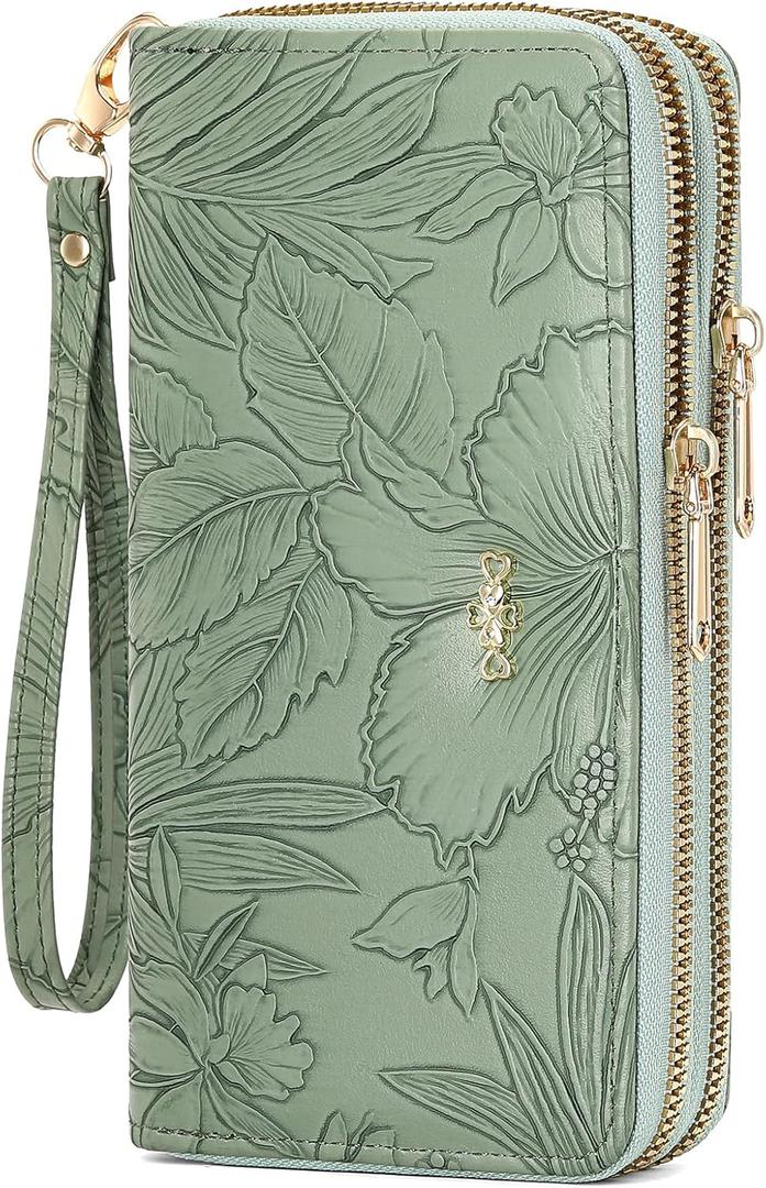 Wallet for Women Clutch Double Zip Around Credit Card Holder Leather Women's Wallet Large Capacity (1A-Green)