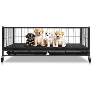 Homey Pet 43" Dog Whelping Box for Puppies, Heavy Duty Metal Whelping Box for Small Breed Dogs with Washable Plastic Floor, Removable Tray and Four Lockable Wheels