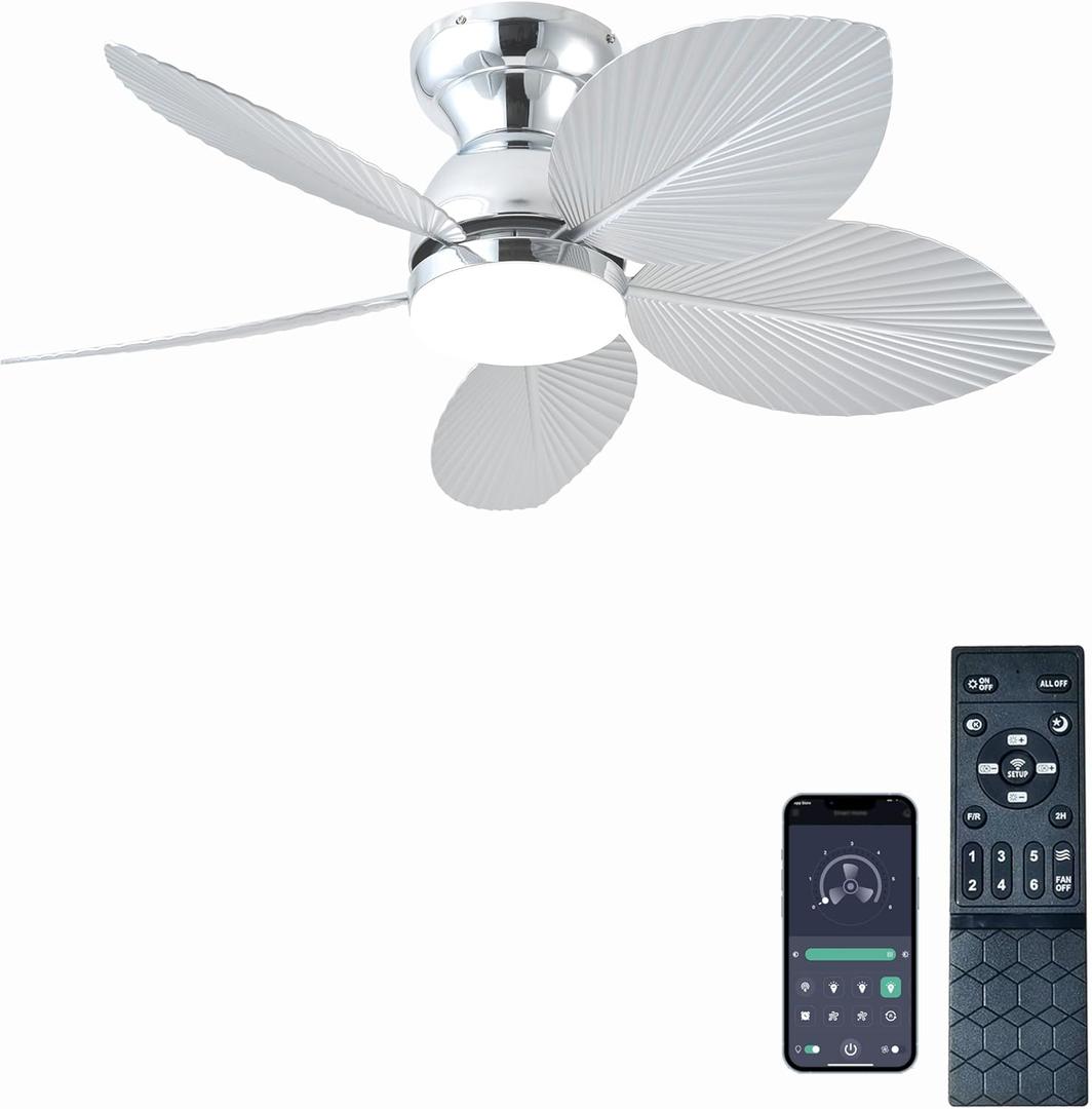 Tropical Ceiling Fans with Light, 38-inch Flush Mount Palm Leaf Ceiling Fans for Bedrooms, Indoors and Outdoors, Remote Control/APP Control, 6-Speed, Dimmable, Reversible,Chrome