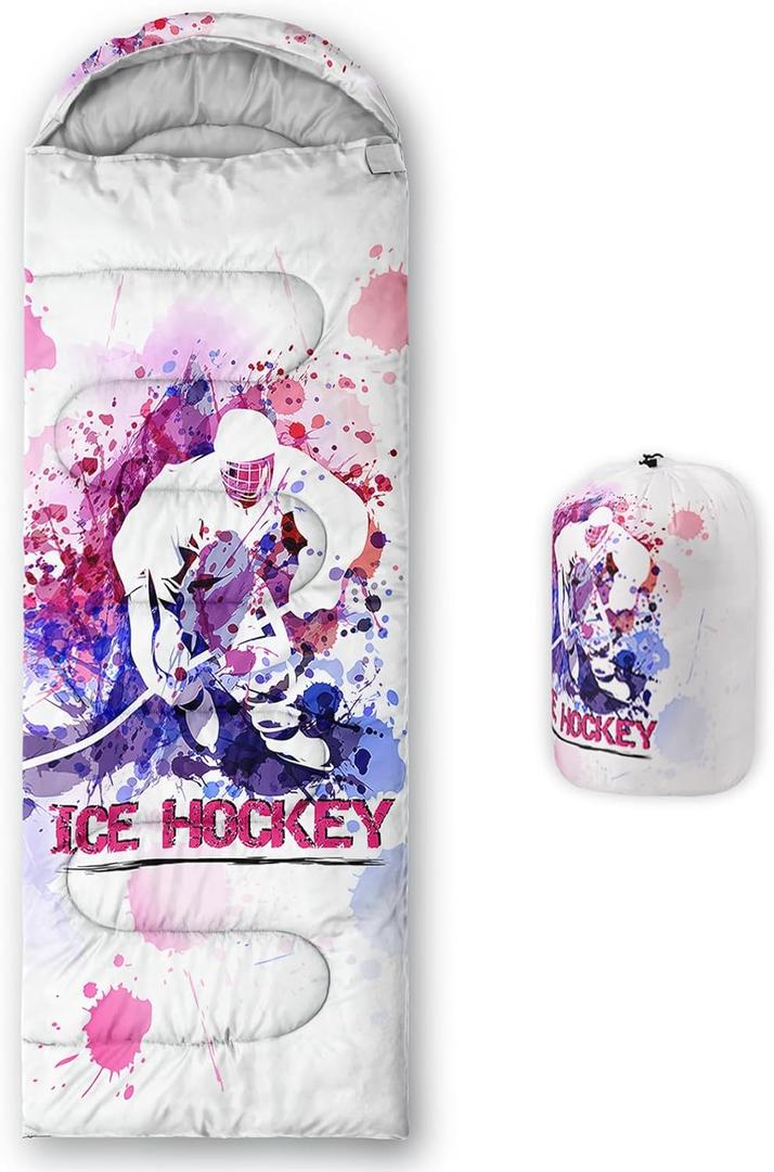 QOOMO Camping Sleeping Bags,3 Season Warm & Cool Weather,Lightweight,Waterproof Sleeping Bags for Adults & Kids,Traveling,and Outdoors,Camping Gear Equipment (Ice Hockey Player)