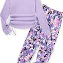 mksodop Girls Clothes Ruched Drawstring Short Sleeve Knit Top and Camo Print Pants 2 Piece Girls Outfits 6-7Y