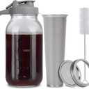 Cold Brew Mason Jar iced Coffee Maker, Durable Glass, - 64 oz (2 Quart / 1.9 Liter), With Handle& Stainless Steel Filter for Iced Brew Coffee, Lemonade, Ice Tea, Homemade Fruit Drinks Container