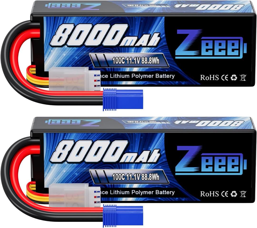 Zeee 11.1V Lipo Battery 3S 100C 8000mAh Hard Case Battery with EC5 Plug for 1/8 1/10 RC Car Model Truggy Buggy Team Associated(2 Pack)