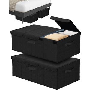 Deep Under Bed Storage Container, 10" Tall Height Underbed Box Bin with Lids 31" Long Large Basket for Under Bed, Bedroom, Dorms, Clothes, Bed sheets, Blankets, 2 Pack, Black