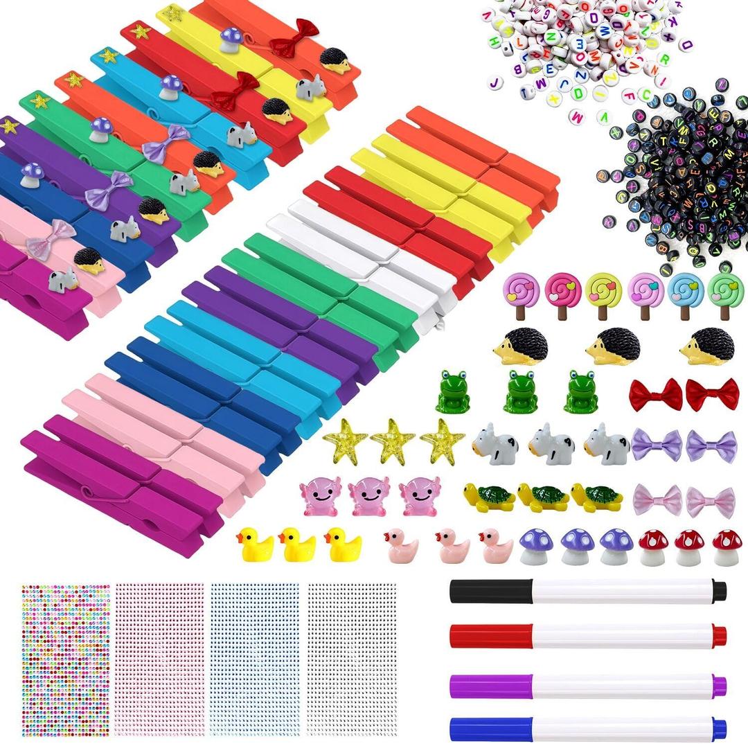 176 Set Cheer Pin Charms with 20 Colored Clothes Pins Wooden Cheer, 42 Mini Resin Animals and Self 4 Adhesive Stickers, 4 Pen, Cheerleaders Pins for Backpacks Ribbon Team Classroom Cheer Gifts Bulk