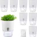 8 Pack Self Watering Pots for Indoor Plants, PlanterHoma 3.2 Inch Plant Pot Plastic Self Watering Planter for Orchid, African Violet, Mini Clear Flower Pots with Drainage Holes and Wicking Rope, White