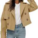 Tankaneo Womens Cropped Trench Coat Lapel Double Breasted Short Jacket Outwear (Small, Khaki)