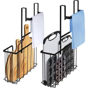 ORLESS 2-Pack Kitchen Cabinet Door Organizer, Over Cabinet Door Organizer with Towel Bars, Cabinet Door Storage for Cutting Board, Foil, Plastic Wrap, Baking Sheet, Cookie Sheet, Black