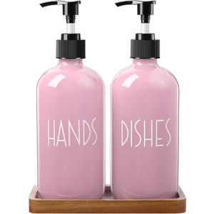 ALELION Dish Soap Dispenser for Kitchen - 16 OZ Glass Hand Soap Dispenser Set with Acacia Wood Tray - Pink Kitchen Bathroom Decor and Accessories