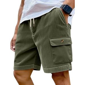 Mens Cargo Shorts Casual Drawstring Elastic Waist Corduroy Summer Beach Shorts with Pockets (White, XL)