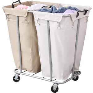PLKOW Laundry Cart with Wheels 280L Large Laundry Sorter 2 Section for Commercial/Home, Rolling Laundry Cart with Steel Frame and Removable Bag, 8 Bushel, 32.3L x 19.7W x 31.5H Inch