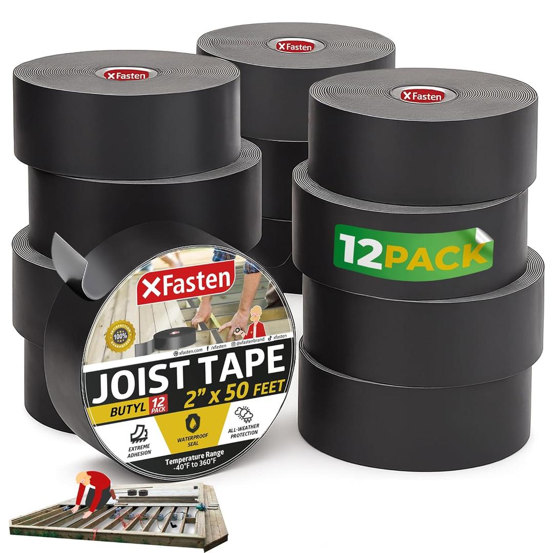 XFasten Butyl Joist Tape for Decking, 2 Inch x 50 Feet (12-Pack, 600ft)  Waterproof and Anti-Corrosion Deck Flashing Tape for Joists, Weatherproof Butyl Sealant for Deck Protection and Longevity (Black)