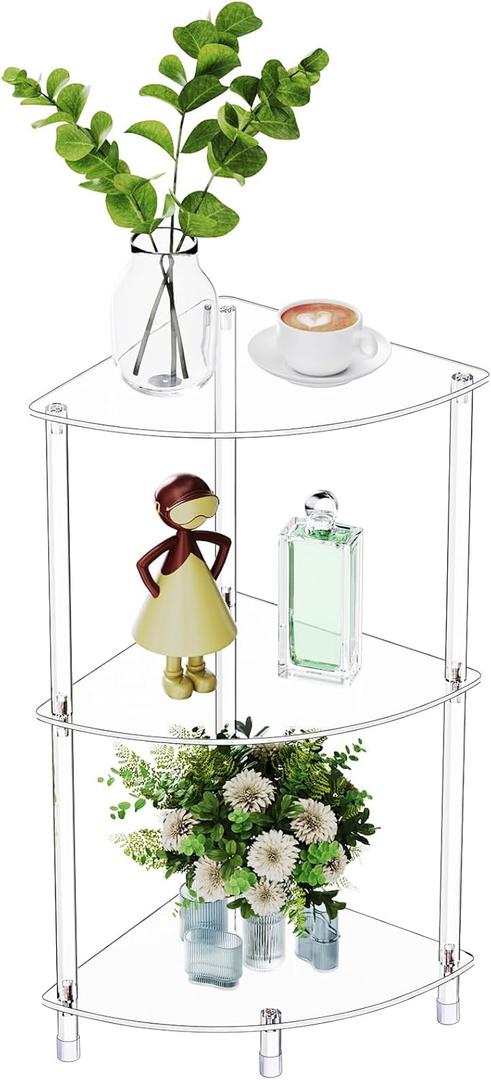 Clear Triangle Acrylic Side Table for Small Space, 11.81" L x 11.81" W x 26.7" H, 3-Tier Corner Shelf Stand End Table for Living Room Bedroom, Corner Display Rack Storage Shelf for Bathroom