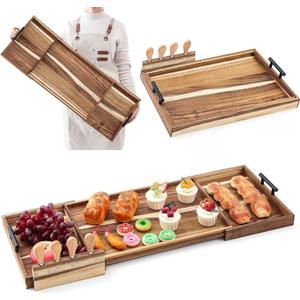 Lounsweer Acacia Expandable 32 Inch Large Charcuterie Board for Party with Handles and Knife Set XL Wood Serving Tray Long Cheese Platter for Gatherings Entertaining House Warming Gift