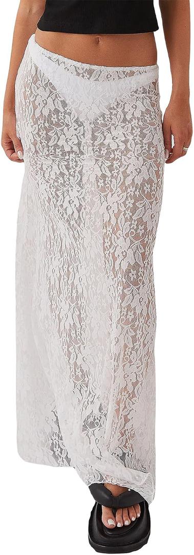 Sheer Mesh Lace Maxi Skirt Women (White)