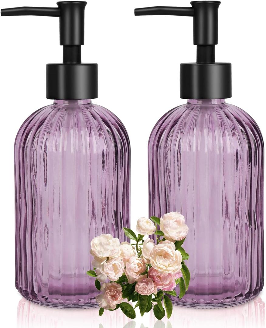 Glass Soap Dispenser with Plastic Pump, Hand Soap Dispenser for Hand Wash, Lotion Dispenser for Dishwashing Liquid, Lotion Shower Gel (Striped Purple)