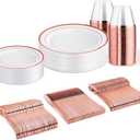 WELLIFE 150 PCS Rose Gold Disposable Dinnerware Set for 25 Guests, Valentine's Day Plate, 25 Dinner & Salad Plates, Cups, Forks Knives Spoons for Wedding Reception and Mothers Day Plates