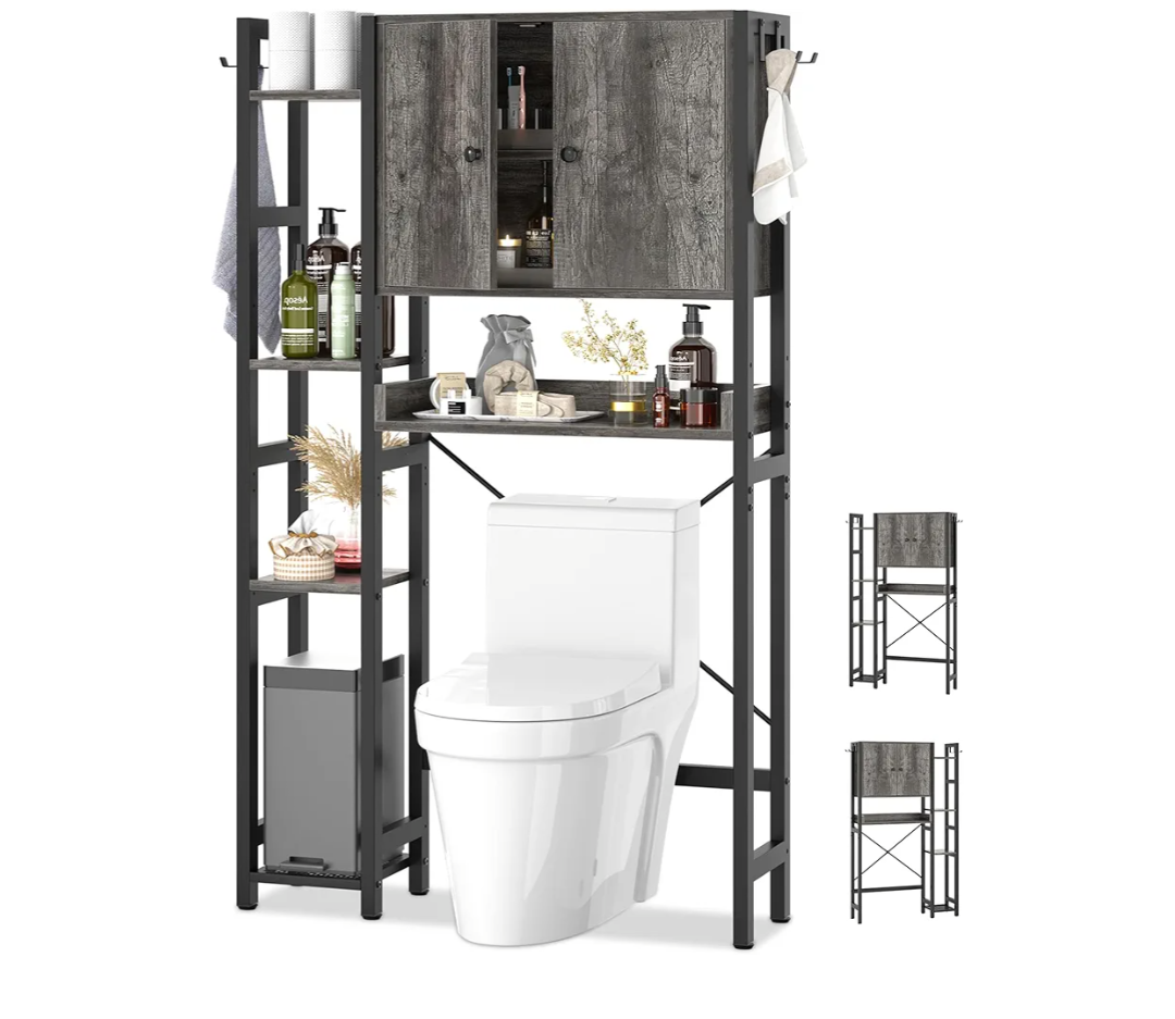 Over The Toilet Storage Cabinet with Doors - 7 Tier Bathroom Organizer with Adjustable Shelf, Freestanding Space Saver Rack Above Toilet Stand with 4 Hooks for Bathroom, Restroom, Laundry, Grey Oak