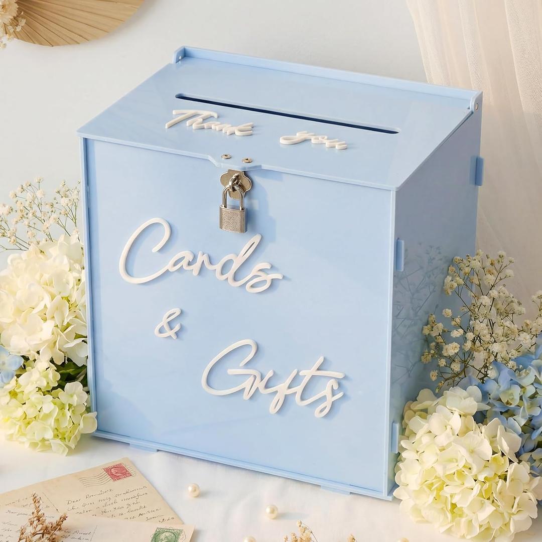 BreezeHug Light Blue Acrylic Wedding Card Box with Slot and Lock, 10 x 6 x 10 in Large Money Gift Box with DIY White Letters Cards Gifts/Thank You Letters, Baby Shower Graduation Birthday Party