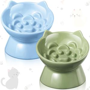 Funnymoom 2 Pcs Ceramic Raised Slow Feeder Cat Bowl, 5.91inch Elevated Cat Slow Feeder Bowl Tilted Anti Vomiting for Dry Wet Food and Water Easy to Clean High Edge(Green, Blue)