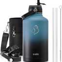 BUZIO Insulated Water Bottle with Straw Lid and Flex Cap, 64oz Double Wall Vacuum Stainless Steel Water Thermo Wide Mouth Lid, Cold for 48 Hrs Or Hot for 24 Hrs Sweat Proof Flask, Indigo Crush
